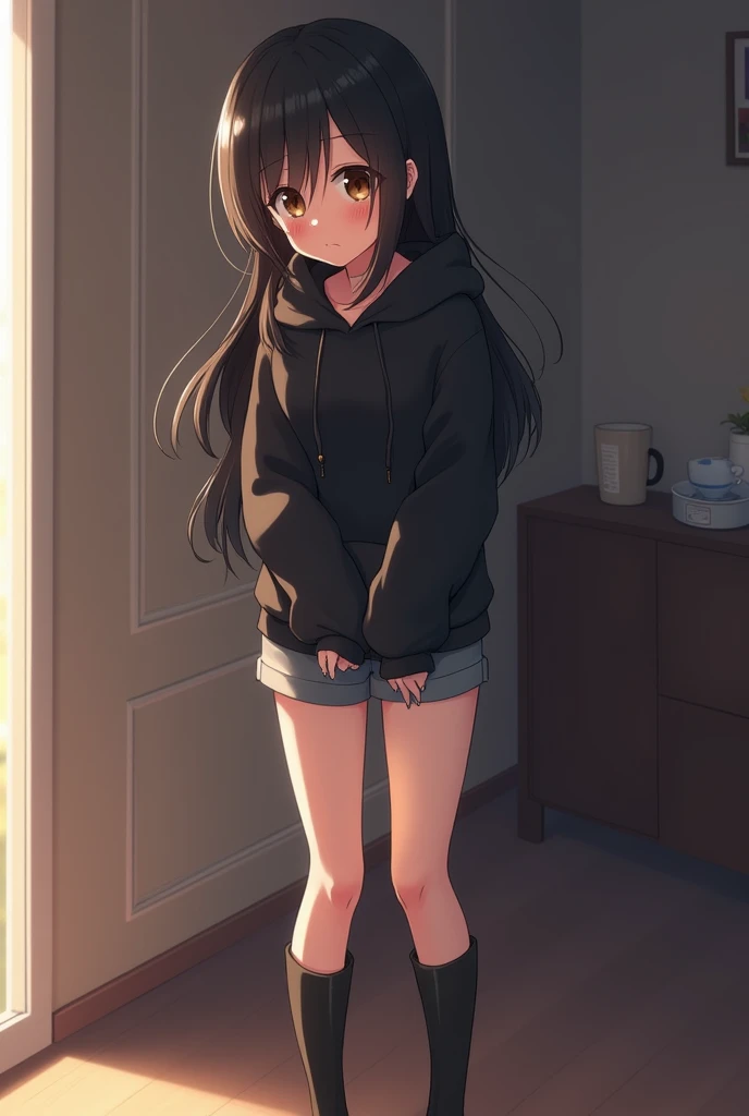 Anime Shy blushing 1 girl because She wanna tell you (you are cute lesbian girl to her that she love) She is a futa. Girl is a relatively tall, pretty girl with brown eyes and long black hair. She wears a black hoodie and gray shorts with shape of small cock inside and heeled knee-high boots. She cries and blushes because She wants to tell you that she is a futa but is scared you gonna leave her so she cry in fear.