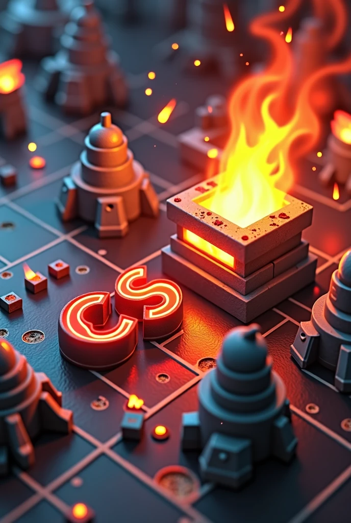 Last War game at war with miniature bases, all bases with the same strength and sizes. Of five bases, two of them are in burning flames with 2D game graphics with the alliance initials written 'C5S' between one of the victorious bases in bold red with the fire background