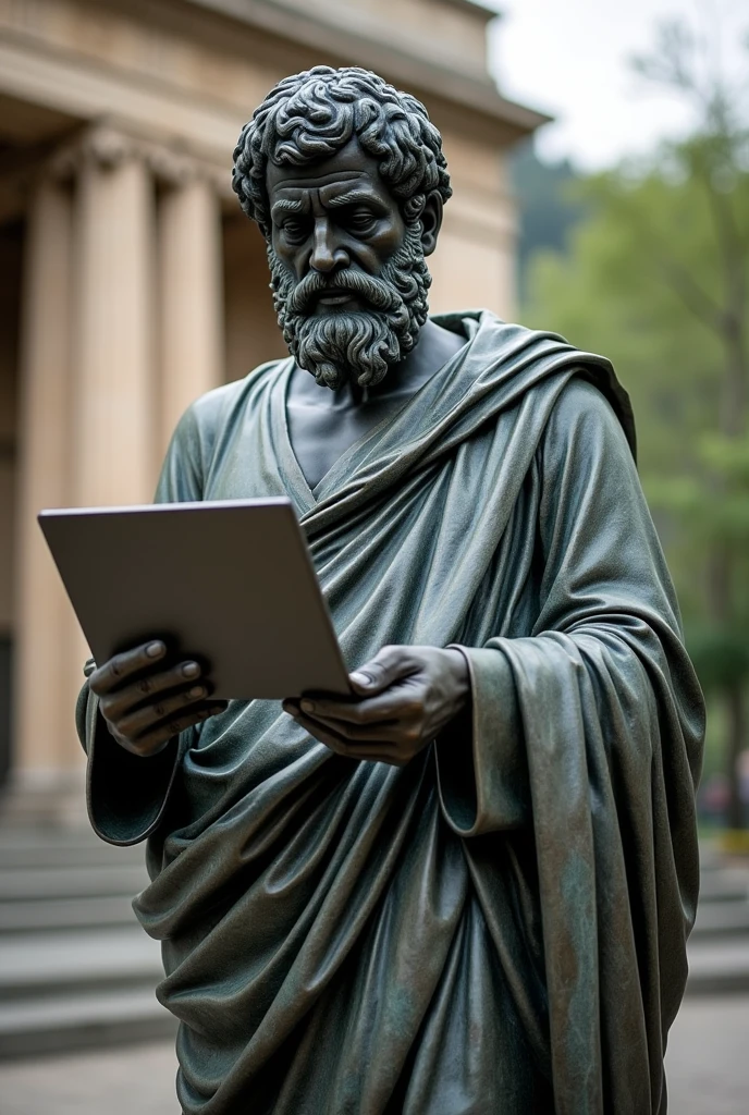 STATUE OF ARISTOTLE THE INTELLIGENT PHILOSOPHER HOLDING A COMPUTER 

