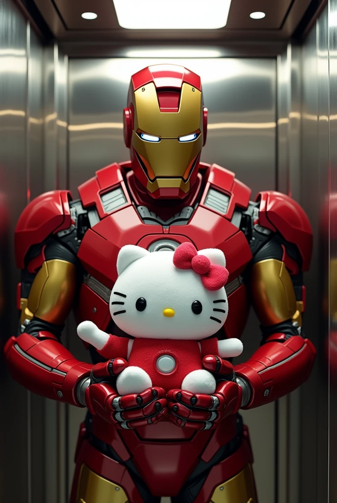 Iron Man holding Hello Kitty inside the elevator