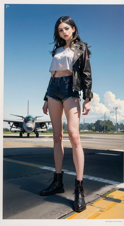 The image features a female character standing on the runway of an airbase, with a fighter jet parked behind her.
BREAK
She is wearing a brown leather jacket with patches that have stars and wings shapes, a white top, and denim shorts. 
BREAK
The fighter jet is gray and has a sophisticated design and equipment, indicating that it is an advanced and high-performance aircraft. 
BREAK
Beyond the runway, there is a clear blue sky and a calm blue sea. 
BREAK
The image conveys a calm yet powerful mood, due to the combination of the character's attire and pose, and the fighter jet behind her.
BREAK 
delicate facial features, extremely detailed fine touch, 