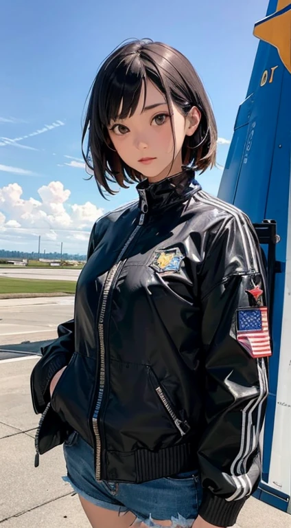 The image features a female character standing on the runway of an airbase, with a fighter jet parked behind her.
BREAK
She is wearing a brown leather jacket with patches that have stars and wings shapes, a white top, and denim shorts.
BREAK
The fighter jet is gray and has a sophisticated design and equipment, indicating that it is an advanced and high-performance aircraft.
BREAK
Beyond the runway, there is a clear blue sky and a calm blue sea.
BREAK
The image conveys a calm yet powerful mood, due to the combination of the character's attire and pose, and the fighter jet behind her.
BREAK
delicate facial features, extremely detailed fine touch,