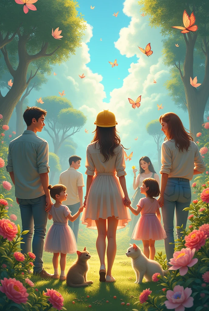 Make me a woman with a civil engineering helmet along with her 3 sisters, her mother, her father and brother, make them in heaven, make two male cousins, a cat, many animals and a dancer in a landscape with flowers and butterflies.