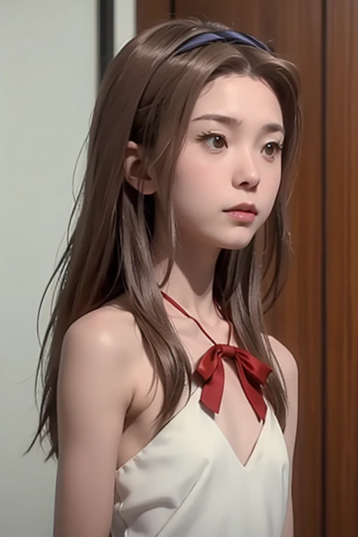 Mimi Tachikawa, naked, ribbon on the neck, Skinny body, small bust, very feminine,