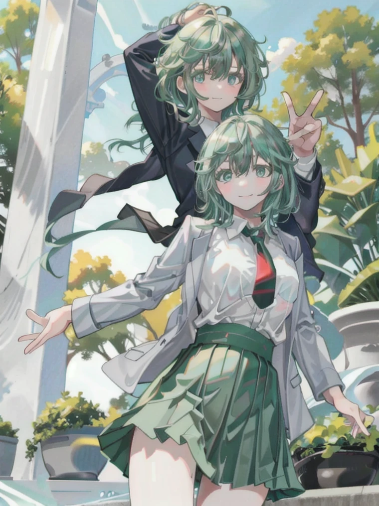 ((best quality)), ((highly detailed)), masterpiece, extremely detailed face, beautiful face, (detailed eyes, deep eyes), (1girl), cowboy shot, hagakure_tooru, short aqua hair, aqua eyes, white shirt, collared shirt, red necktie, grey blazer, BREAK, 
dark green pleated mini skirt, black socks, u.a. school uniform, smiling, outside