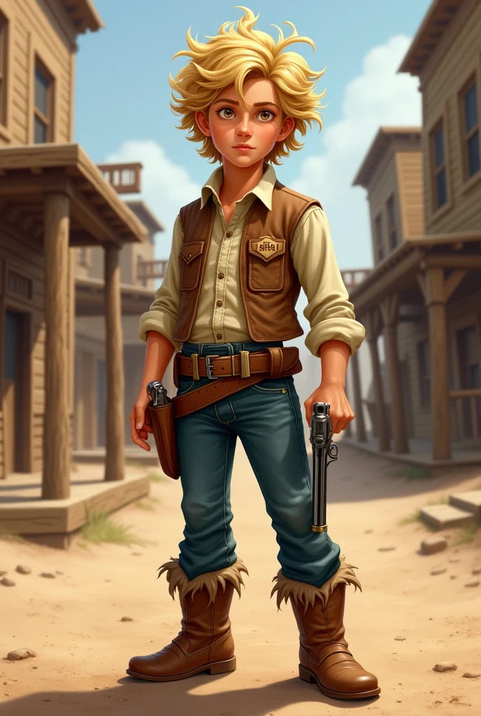 blonde curly-haired sheriff (boy) uses a gun