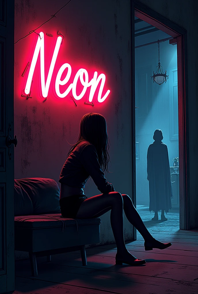 I want to draw the cover art for the new song of my band.
The song is call "NEON" and this is the idea for our the cover art:
"In the dark of the night a girl is sitting in her room and she can see in the other side of the apartment a strange silhouette that she can not understand if this is a real woman or a ghost.
In the wall of the room there is a big neon sign with the word "neon" and the ogo of the band".

The palette should be dark (primarily) and neon colours and all should be in style of golden age comic book