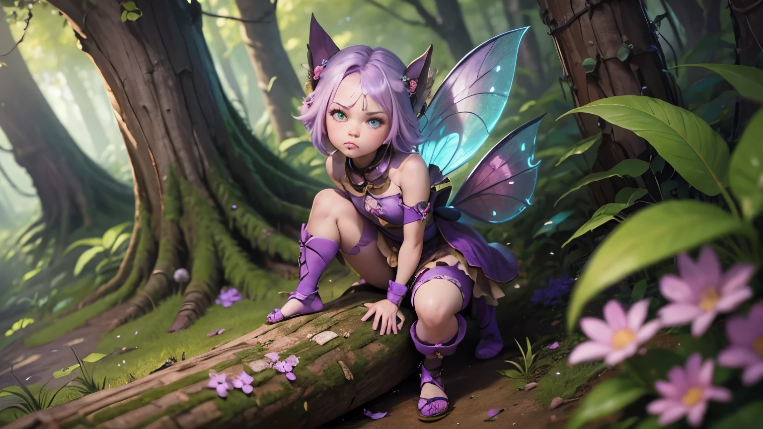 1 girl,powder \(League of Legends\),Extremely small,colored skin,(purple skin:1.2),purple hair,by the wide,(green eyes1.2),has,Red dress,shackles,(pouting expression:1.3),(puffed cheeks),angry eyes,looking at the viewer,in front of the viewer,feel,feel on a log,forest,colorful forest,fairies around,pink particles around,masterpiece,Extremely detailed CG unity 8k wallpaper, Best Quality,32K,sharp focus,