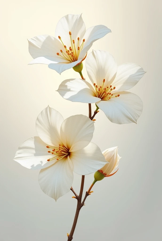 Make a simple but elegant looking painting of a White bougainvillea with a touch of gold color