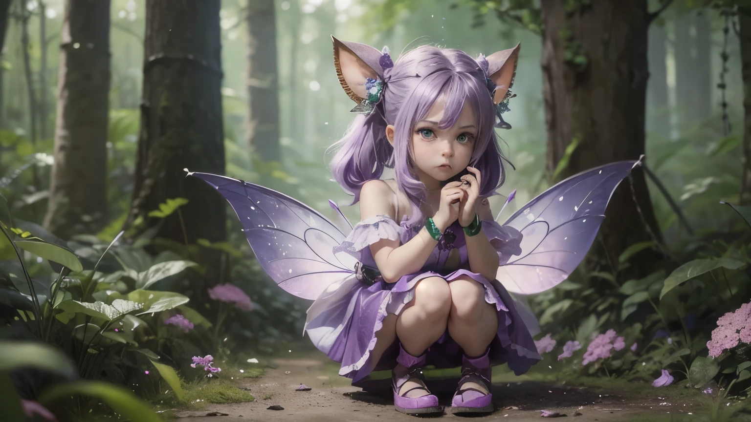 1 girl,powder \(League of Legends\),child,Extremely small,colored skin,(purple skin:1.2),purple hair,by the wide,(green eyes1.2),has,Red dress,shackles,(pouting expression:1.3),(puffed cheeks),angry eyes,looking at the viewer,in front of the viewer,feel,feel on a log,forest,colorful forest,fairies around,pink particles around,masterpiece,Extremely detailed CG unity 8k wallpaper, Best Quality,32K,sharp focus,