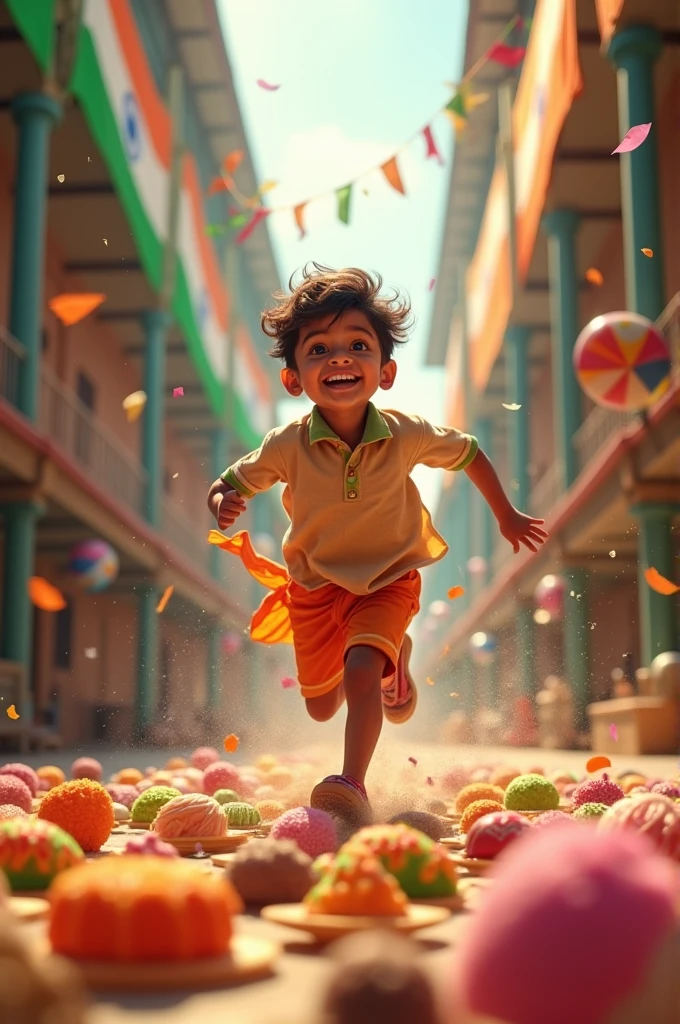 Indian boy with lot of sweets runing in school on 15th aug