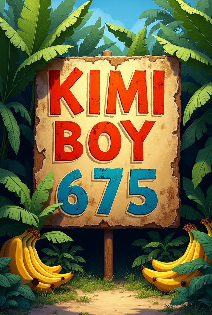 Write Kimi boy 675 on the big sinebord in the bush with some bananas growing on the side