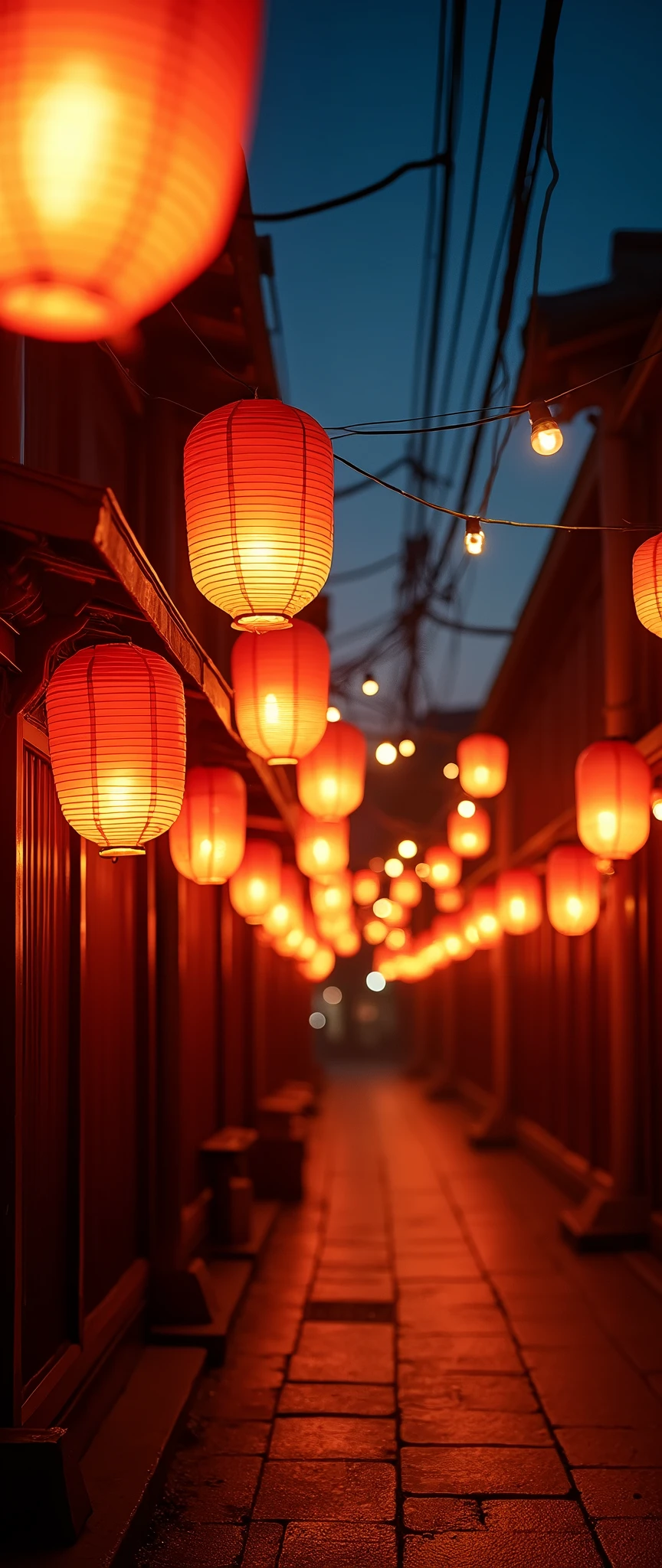 (masterpiece:1.2,Exceptional Quality,mirror-like,Cinematic Experience),8k,wallpaper,Japan,,A straight alley,Countless lanterns,(Diffuse reflection of light:2.0),night,Starry Sky,The warm light of the lantern,,Artistic photos using lanterns