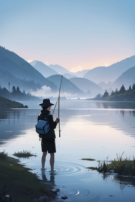 (minimalism pop art style), Fishing in a small pond in the mountains, A foggy morning, Back view of a person enjoying fishing