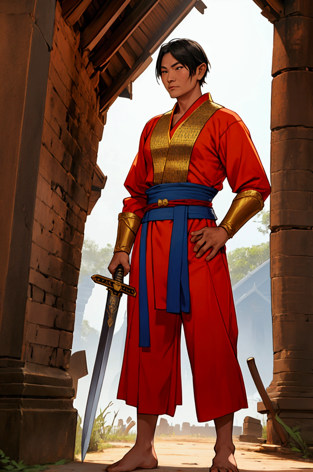 Middle-aged man,Short hair, no shirt,,No shoes while standing.Thai warrior costume holding a sword,Ayutthaya ,Ayutthaya period outfit