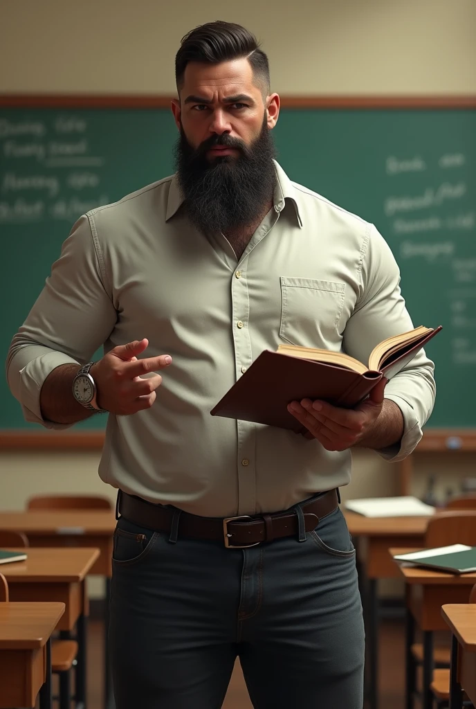 Strong bearded mixed race teacher teaching in a classroom and holding a book in his hand, with bulge in the pants.