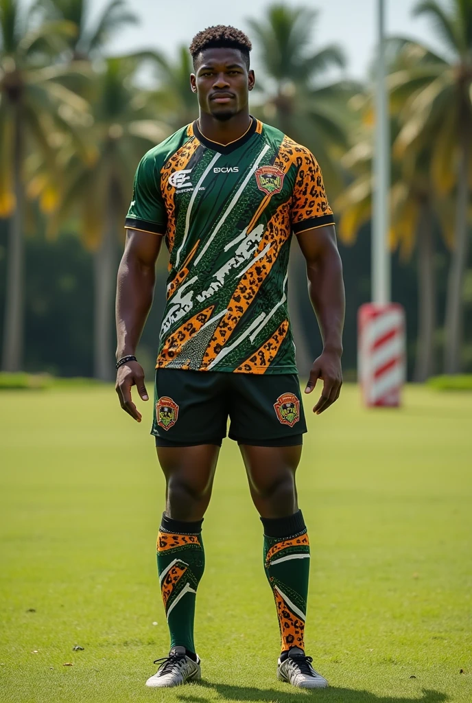 Create a leopard-inspired rugby uniform in Fiji style with the colors green, white, orange and black