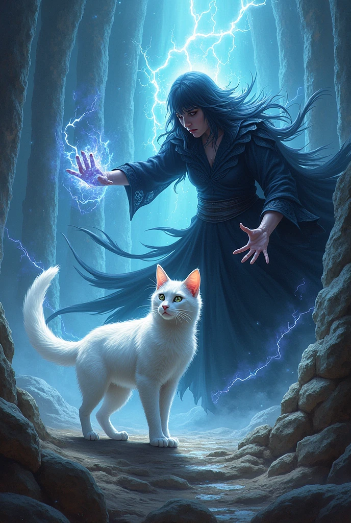 Battle with Morgath**:
- **Prompt**: "A dramatic battle scene with Seraphina, the white cat, facing off against a dark sorceress in a magical confrontation. The scene is filled with magical energy, contrasting light from the Crystal and dark spells."