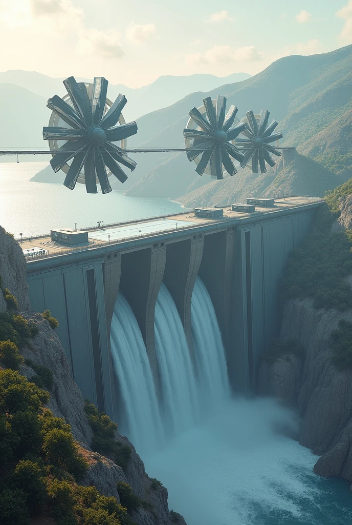 Create a futuristic image of large dam with Francis rotors floating in the sky, with an isometric view of the Francis rotor