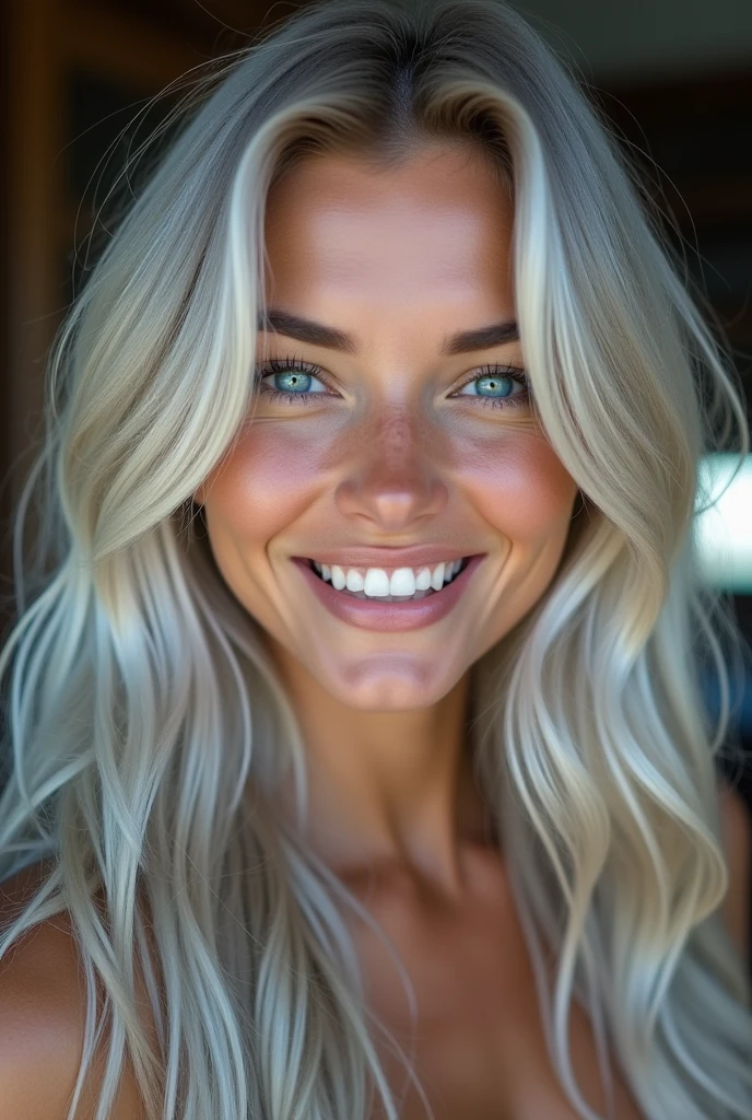 Silver hair, Hair over the shoulder, Long hair, Aqua Blue Eyes, nice open smile, White teeth, Cowboy-shot, 85mm, Canon, uhd, anatomically correct, textured skin, Super Detail, 8k