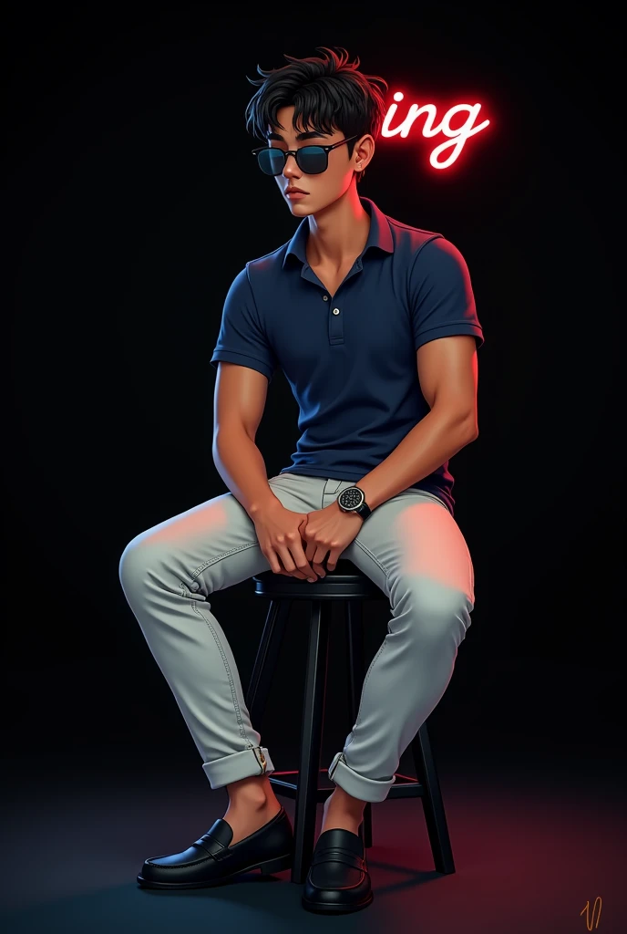 A tan boy with small muscles and black wave hair and navy blue polo t shirt, white long trousers, old watch, black loafers, wearing a sunglass and sitting on the black stool and in black background has written in curcive king in red and blue light on it the boy turning right