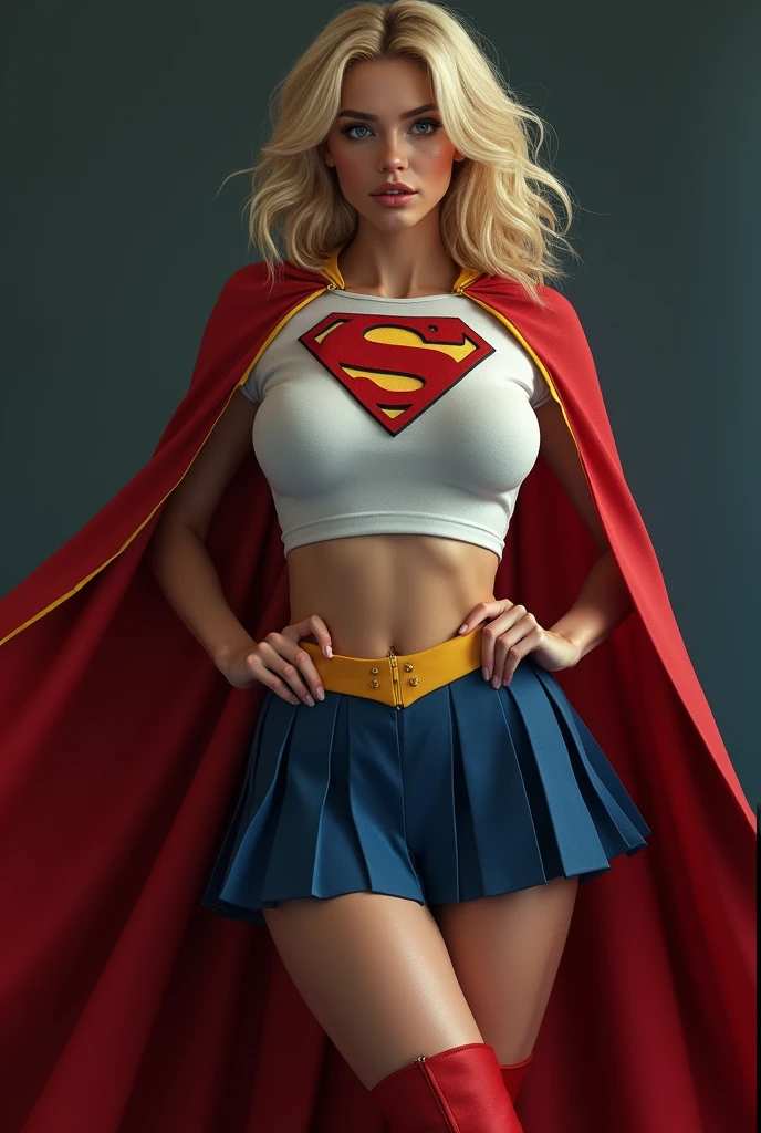 full view of A SEXY TEENAGE FEMALE WITH DARK BLUE EYES AND MEDIUM MESSY GOLDEN BLONDE HAIR WEARING A CLASSIC WHITE SUPERMAN LONG SLEEVED CROP TOP COSTUME, A SHORT BLUE PLEATED SKIRT WITH A YELLOW BELT, RED HIGH HEELED BOOTS, AND RED SUPERMAN CAPE WITH YELLOW TRIM. large breasts, incredibly detailed skin and eyes, seductive poses, 8K resolution, masterpiece, ultra-detailed, realistic, photo-realistic, vivid colors, dramatic lighting,
