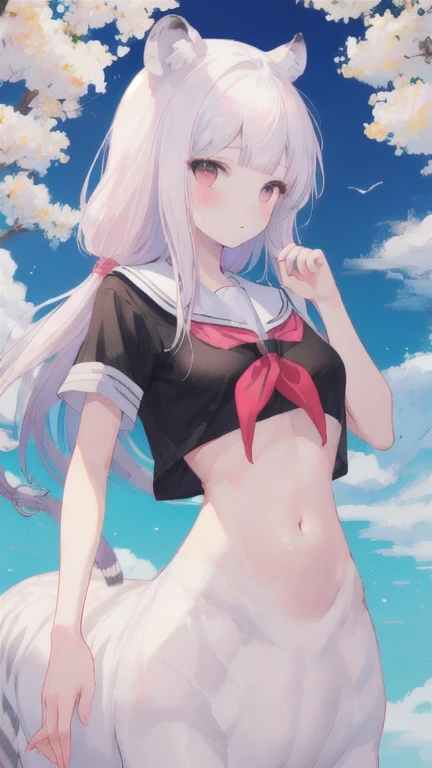 (best quality, masterpiece), 1 girl, centaur, I beg, White skin, Japanese schoolgirl,daughter,black pink, exposing the abdomen, belly button t-shirt , beautiful girl perfect, White tiger photo, 완벽한 White tiger photo
