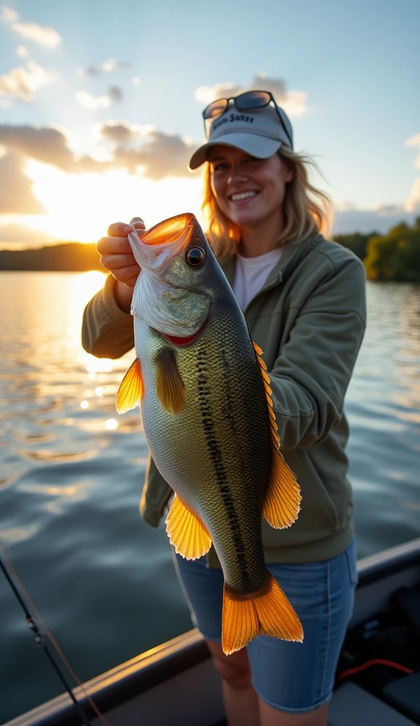 Amid cheers, a woman fisherman proudly displays his giant catch, the lake and sun creating a perfect, happy scene.