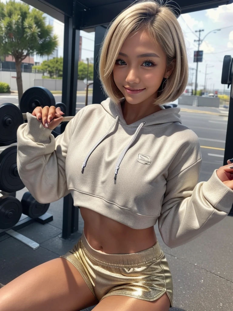best quality, 8k, very delicate and beautiful, highly detailed face and skin texture, shiny skin, high resolution, beautiful blond short hair tanned skin japanese girl in cropped hoodie and tight short pants smile at gym , sharp focus