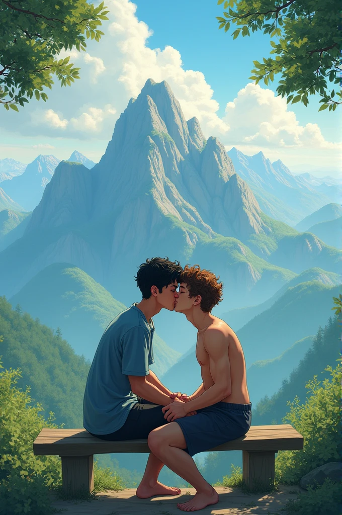 Create an image of two boys on a bench on top of a mountain with trees around them. The boy sitting is white with short black hair wearing shorts and a sleeveless t-shirt with defined muscles., on his lap is the other skinny boy with messy brown curly hair wearing black pants and a plaid shirt. The two approaching to kiss each other with their hands on each other&#39;s heads. Make the image with reference in yaoi manhwas imitating a painting with slightly blurred brushstrokes.