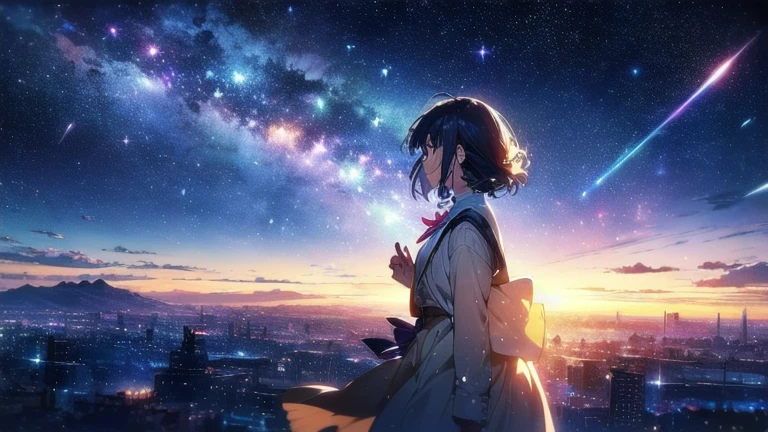 ((1 girl)))Girl looking at the stars and the starry sky, The girl stares into space, Space-like hair anime, Infinite universe in the background, girl in space, Beautiful Girl On Horizon, Makoto Shinkai Cyril Rolland, Gazing into space, anime art wallpaper 4k, anime art wallpaper 4k, Anime Art Wallpapers 8K, On a galaxy-like background、And soul、By Shinkai Makoto、vision、landscape、Vanishing Point、An incredible solution、High resolution、Very detailed、The top half represents the universe.、Fantasy、magic、big、Prisma、Beautiful lighting、Bright lighting、Soft lighting、Lots of sparkling magic lights、Rainbow Light、(spark:0.7)、High quality masterpiece, landscape,Bright starry sky,Pixiv, Concept Art, Lofi Art style, reflection. by makoto shinkai, Lofi Art, Beautiful anime scene, Anime landscape, Detailed landscape - width 672, (((in Makoto Shinkai'style))), Enhanced Details、Anime wallpaper of looking up at the sky and stars,(((Shot in the back)))
