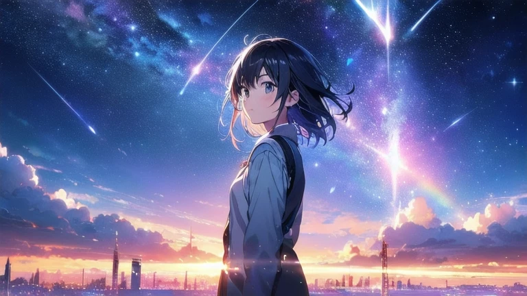 ((1 girl)))Girl looking at the stars and the starry sky, The girl stares into space, Space-like hair anime, Infinite universe in the background, girl in space, Beautiful Girl On Horizon, Makoto Shinkai Cyril Rolland, Gazing into space, anime art wallpaper 4k, anime art wallpaper 4k, Anime Art Wallpapers 8K, On a galaxy-like background、And soul、By Shinkai Makoto、vision、landscape、Vanishing Point、An incredible solution、High resolution、Very detailed、The top half represents the universe.、Fantasy、magic、big、Prisma、Beautiful lighting、Bright lighting、Soft lighting、Lots of sparkling magic lights、Rainbow Light、(spark:0.7)、High quality masterpiece, landscape,Bright starry sky,Pixiv, Concept Art, Lofi Art style, reflection. by makoto shinkai, Lofi Art, Beautiful anime scene, Anime landscape, Detailed landscape - width 672, (((in Makoto Shinkai'style))), Enhanced Details、Anime wallpaper of looking up at the sky and stars,(((Shot in the back)))