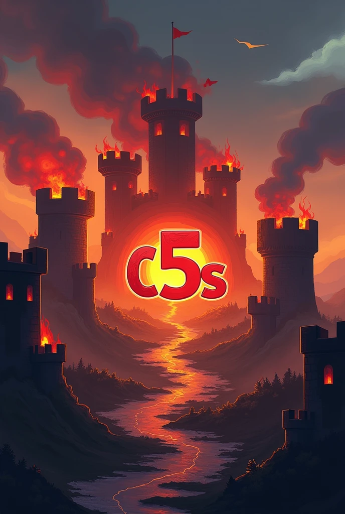 Last War game in war in miniature castles, all castles with the same strength and sizes. Of five castles, two of them are in burning flames with 2D game graphics with the alliance initials written 'C5S' between one of the victorious bases in bold red with the fire background