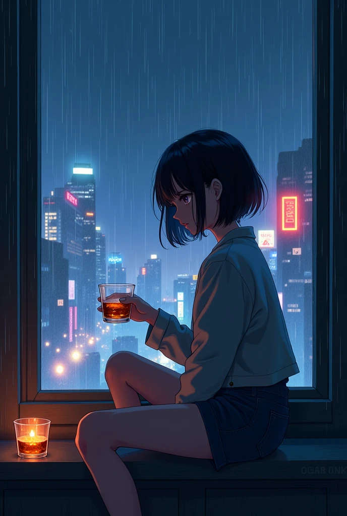 anime poster girl sitting with a glass of whiskey, outside the window there is a view of a neon city, it is raining, the girl looks thoughtful or worried
