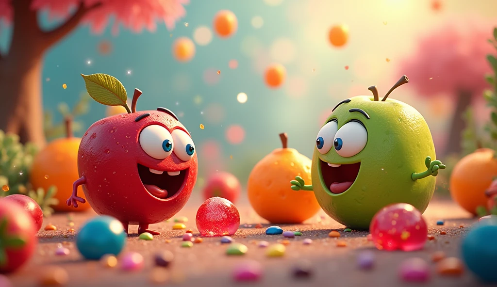 Fruits and jellybeans became friends and playing togather