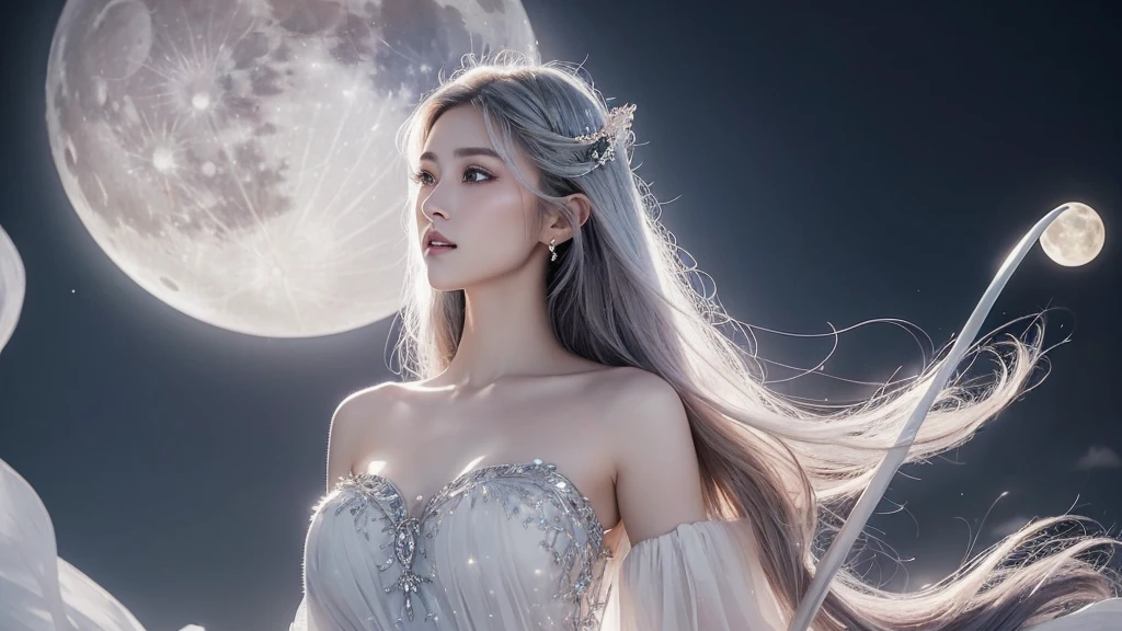 "(dreamy quality: 1.5), (soft pastel colors: 1.4), (Elegant full-length portrait), goddess of the moon, (gentle look), (flowing hair: 1.2 reflecting the moonlight), (delicate facial features), (Royal costume adorned with moonstones, intricate silver embroidery: 1.3, and sparkling crystals scattered gracefully), Walking gracefully down an ethereal path made of shimmering rays of moonlight, with a huge waning moon as a unique backdrop, (Suave and gentle aura: 1.5 Surrounded by Moonbeams), (timeless beauty), (Ethereal ambiance with subtle moon glow), Magic in the Moonlight, casting lunar spells, (Glowing Crescent Staff: 1.2 in her hand), (Harmonious silver-blue color palette with shimmering highlights), (serene expression), (Crystal clear moonlight theme: 1.1 with floating celestial patterns), (Sublime elegance)."Nude