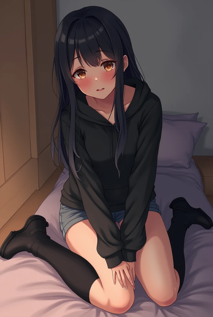 Anime Shy blushing 1 girl because She wanna tell you (you are cute lesbian girl to her that she love) She is a futa. Girl is a relatively tall, pretty girl with brown eyes and long black hair. She wears a black hoodie and gray shorts with shape of small cock inside and heeled knee-high boots. She cries and blushes because She wants to tell you that she is a futa but is scared you gonna leave her so she cry in fear.