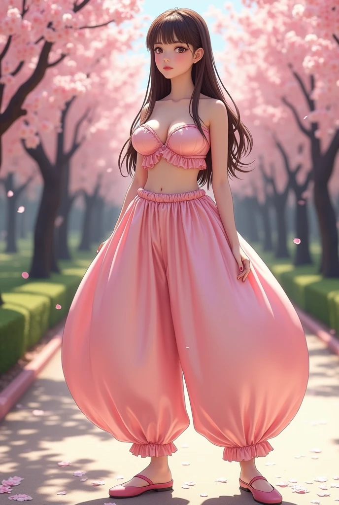 ((Photo of Pretty Japanese girl with super colossal breast)), Japanese girl, 1girl, solo, fullbody, brown eyes, brown long hair, hime cut, blunt bangs, blunt tips, hair is worn back, gigantic cleavage breasts, deep cleavage, J-cup_breasts, (Very_large_breasts:1.5), standing in a pathway lined with cherry blossom trees, wearing an Arabian outfit consisting of humongous inflatable satin ATS-style 4 yard pantaloons with her belly button exposed, pink flats and a simple satin strapless bra top. The pants and top are light pink and the pants are extremely puffy and completely round and completely spherical, (Best quality:1.3).