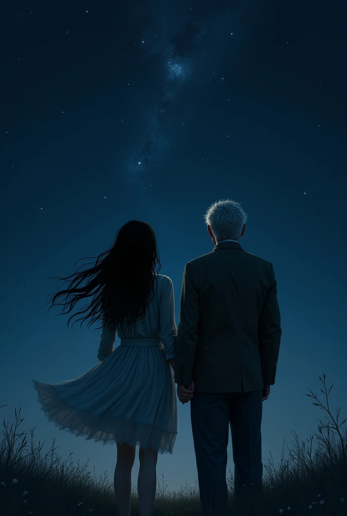 Create a 23 year old girl with long black hair next to a 125 year old boy with blonde hair, In the background the night with stars and the two of them with their backs turned