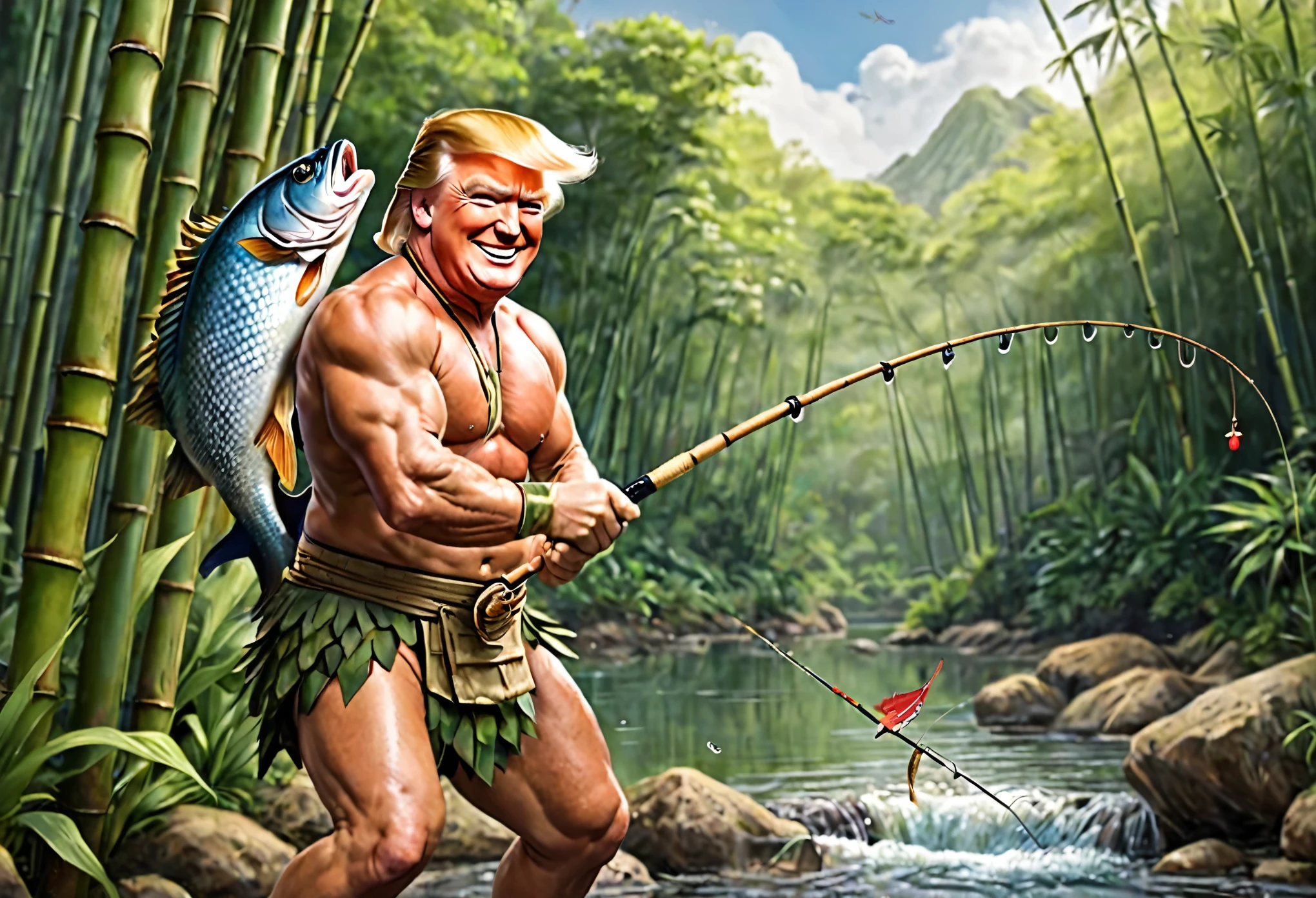 Donald Trump (bandage on one ear, happy grin, muscular, conan outfit) is fishing with a bamboo fishing rod, he is bringing in a large fish that is thrashing, forest pond