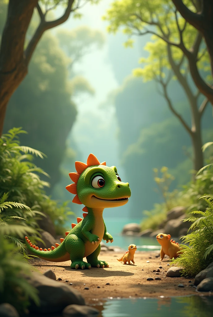 A little dinosaur has reached his home. His family members are eagerly waiting for him."