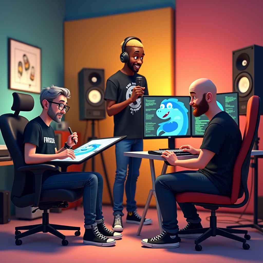 Create a 3d pixar disney style image of three friends in a recording studio. The studio must have walls covered with acoustic foam, with a modern and professional environment. Describe the three characters with the following details:
1. **GRAPHIC DESIGNER**:
- 35 year old man, with a thin body and youthful features.
- Gray hair, short and slightly disheveled.
- He wears black-framed glasses and has a thin, unshaven beard..
- First the king.
- Wear a black shirt, skinny jeans and black high top sneakers.
- He is sitting in an ergonomic chair, concentrated on drawing a blue dragon on a graphics tablet with a large screen.
2. **software developer**:
- 34 year old black man, with a somewhat strong body.
- He is bald and has a medium-sized beard.
- Wear a black shirt com a inscrição "linux" blank, blue jeans and black All Star sneakers.
- He's sitting in another corner of the studio, in a comfortable chair, fiddling with a computer keyboard.
- The monitor screen in front of you should have a black background with several characters in green, simulating programming code.
3. **digital influencer**:
- Homblank de 34 anos, with a tall and slightly fat body.
- Straight hair, blond, with a beard.
- Wear a black shirt com o desenho de uma caravela blank, black jeans and black all star sneakers.
- It's in the middle of the studio, standing, using a gaming headphone and testing a microphone, which he holds with one hand.
**Scenario**:
- The studio must be well lit, with soft lights that create a comfortable and creative atmosphere.
- Acoustic foam on the walls must be visible, providing a professional look to the studio.
- Add details like cables and recording accessories around, to reinforce the creative work environment.