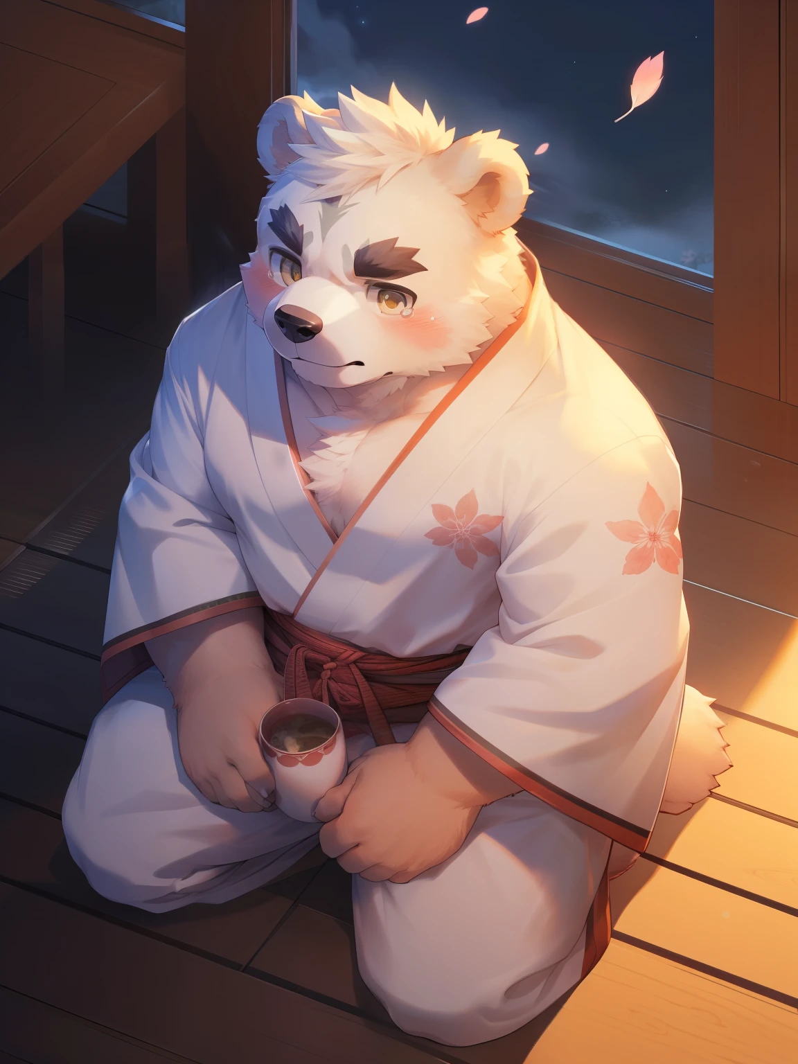 (Onmyoji Daisenji Temple), High quality photos, Perfect anatomical structure, Anthropomorphic white bear, male, 20 years old, (bear print), Thick eyebrows, short hair, Strong body, Pectoralis major, White Kimono, Cherry blossom pattern embellishment, Small bump, Pink milk clusters, Kneeling on the wooden floor of the courtyard, Drink tea, Sad expression, Tears, blush, Golden pupils, Look up at the audience, Clear facial features, Strong, solitary, top view, Full body portrait, night, Foggy atmosphere, In the classical garden, White pebbles can be seen everywhere, wild plants, (By Empty Ghost, From bear20, masterpiece, high quality, high resolution, 8k)