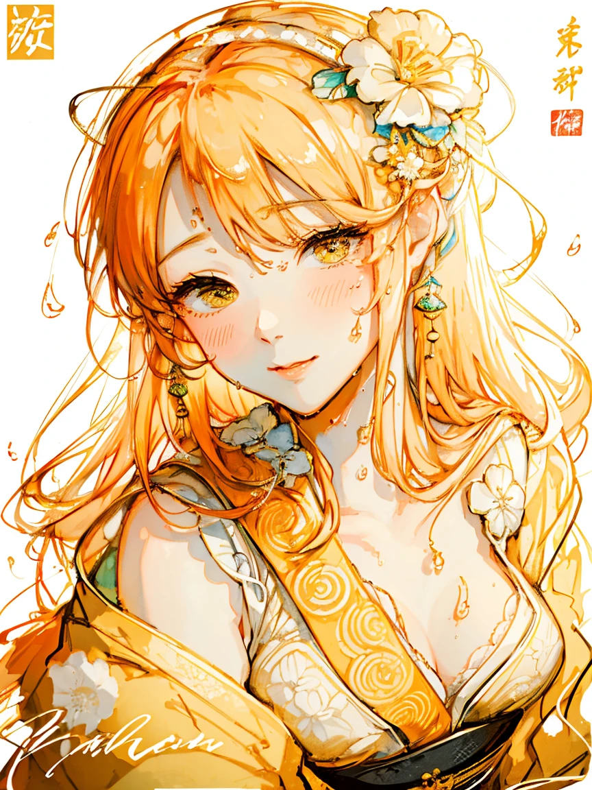 8k Highest quality Highest quality High resolution flower々A woman in a kimono wearing ornaments Mainly facial depictions The woman is moist and wet A soft, calm smile Pale colors Soft ink painting Fantasy Smooth, thin ink lines Gentle and subtle contours Orange and soft yellow hues No text in the background Text none