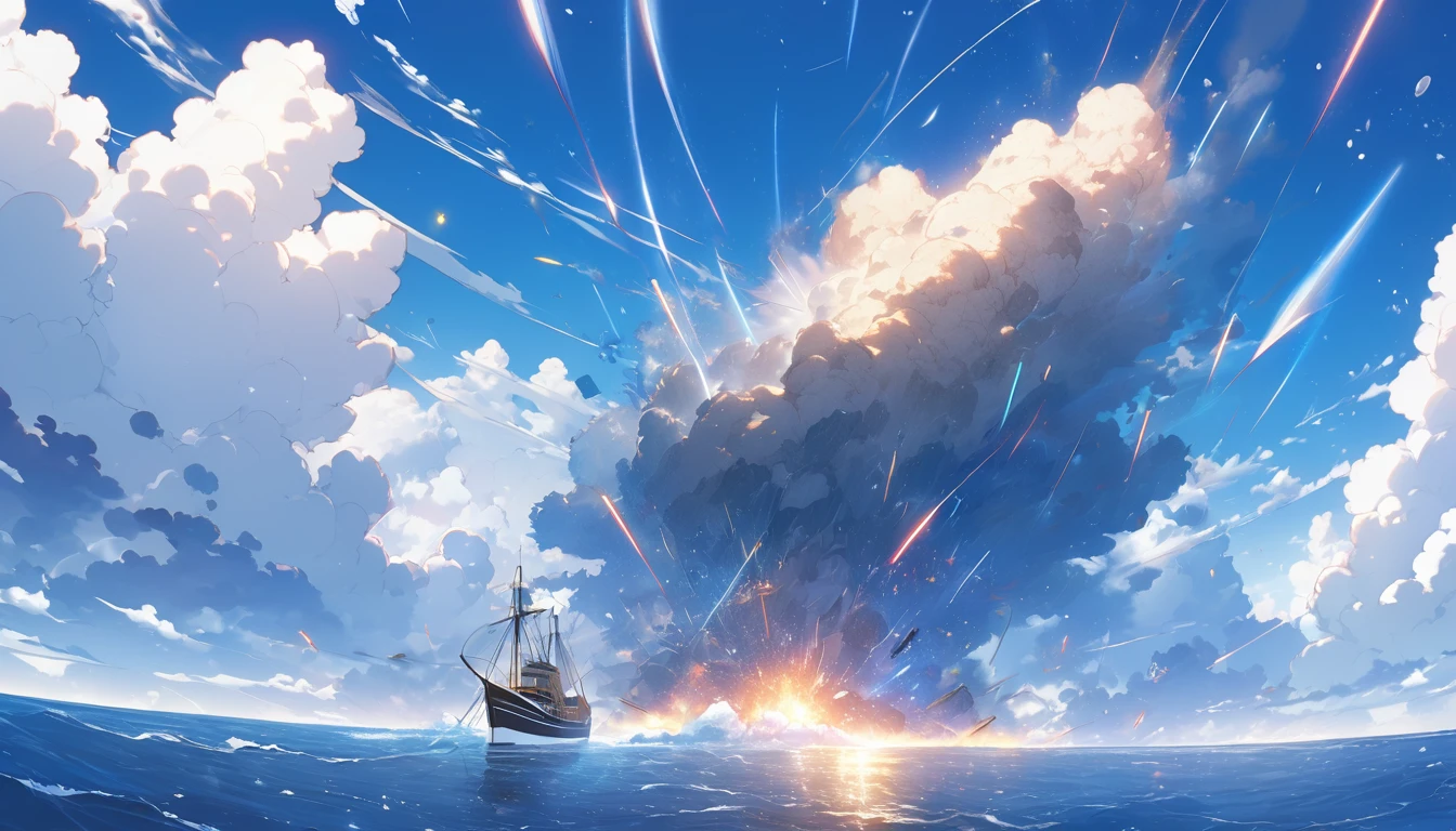 High definition、high resolution、Masterpiece、Meteorites falling into the ocean、In 1999、Great Prophecy of Nostradamus、The sea surface explodes、Daytime background、humankind annihilation、Makoto Shinkai style