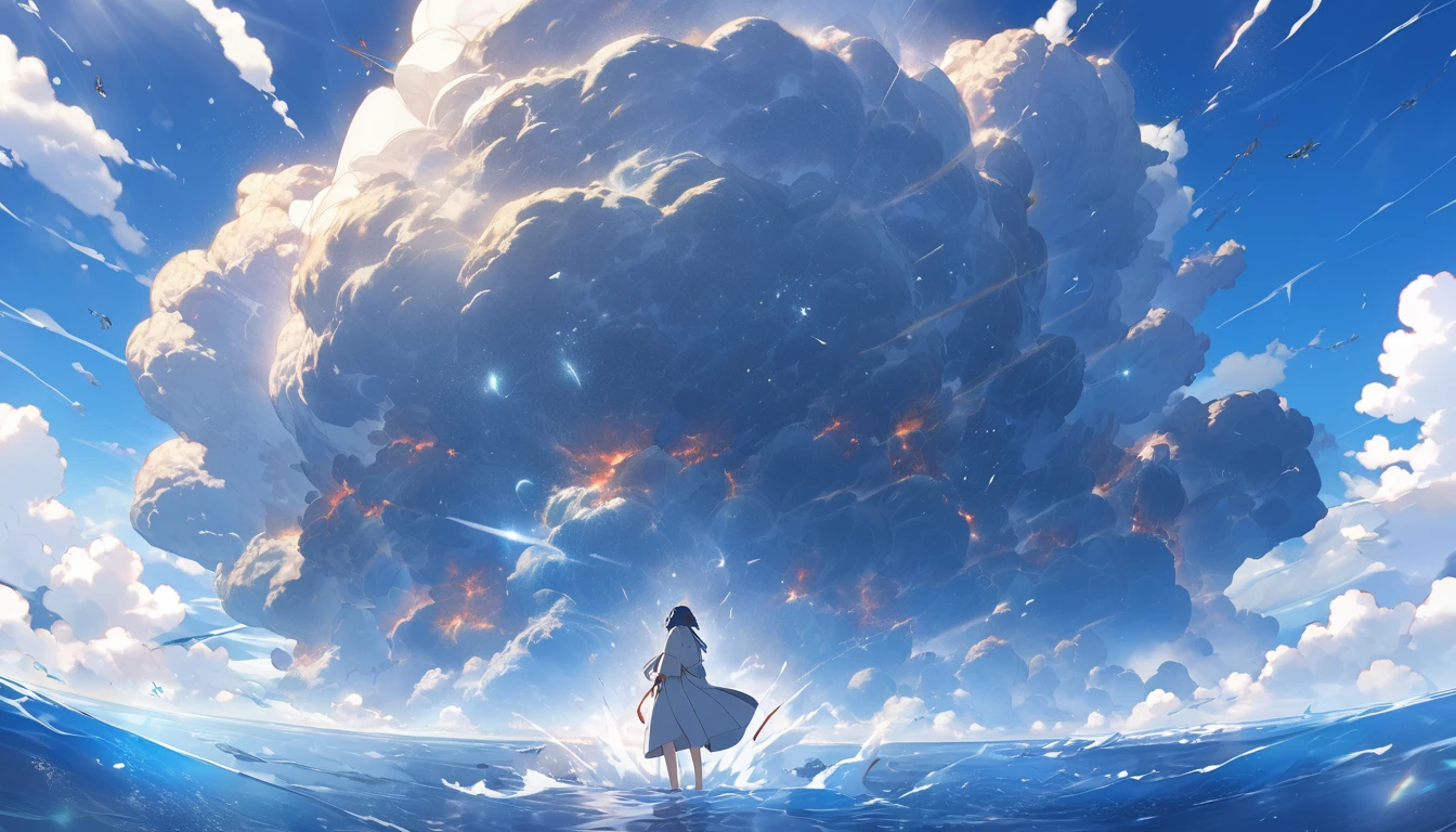High definition、high resolution、Masterpiece、Meteorites falling into the ocean、In 1999、Great Prophecy of Nostradamus、The sea surface explodes、Daytime background、humankind annihilation、Makoto Shinkai style