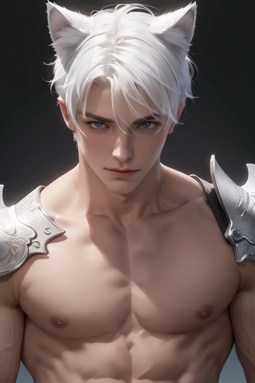 Full full Body photorealistic 4k, high resolution, best quality, masterpiece, perfect color, perfect shade, perfect lighting, Posted by e621, ((portrait)), ((handsome man)), perfect male figure, Short hair details，chest muscles，abdominal muscles，Naked torso，Detailed face, perfect face, (stood up), Detailed background, ((Bonifasco Lighting)), (delicate eyes),((white armor)),((animal ears)),white hair