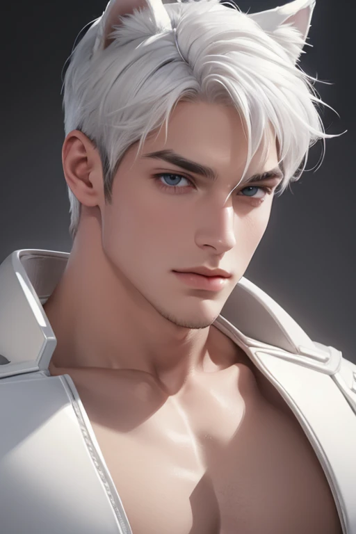 Full full Body photorealistic 4k, high resolution, best quality, masterpiece, perfect color, perfect shade, perfect lighting, Posted by e621, ((portrait)), ((handsome man)), perfect male figure, Short hair details,chest muscles,abdominal muscles,Naked torso,Detailed face, perfect face, (stood up), Detailed background, ((Bonifasco Lighting)), (delicate eyes),((white armor)),((animal ears)),white hair