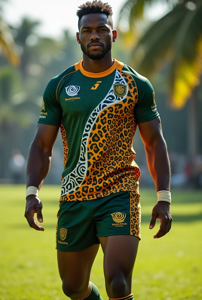 Create a leopard-inspired rugby uniform in Fiji style with the colors green, white, orange and black