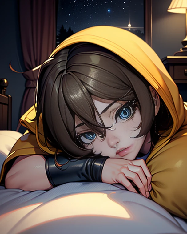 short hair, brown hair, yellow glowing eyes, perfect lips,sleepy look ,  ready to sleep, cute expression, cute face, laying in the bed, fingerless gloves, pillow, tank top, jacket, alert pose, ultra detailed face, long eyelashes, sharp eyes , Fullbody shot, dinamic viewer, night sky , dinamic point of view, diferents point of view, room, dinamic picture 